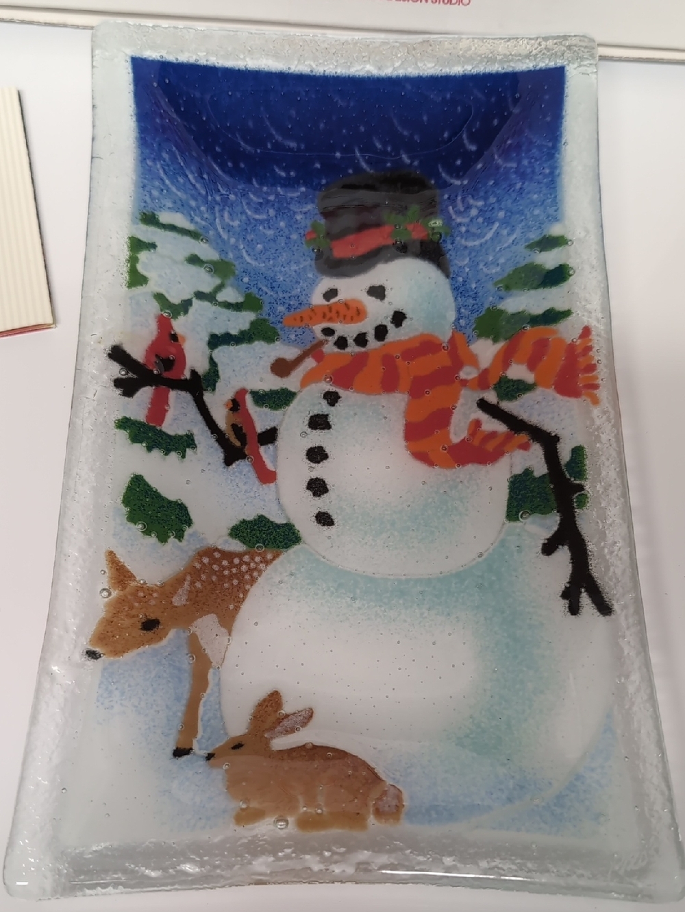 Peggy Karr Glass Snowman Plate 10x6 euc